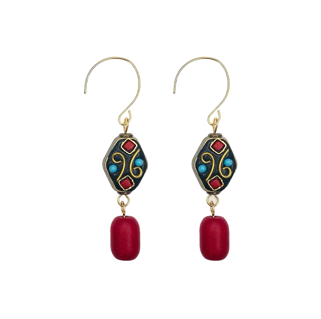 「Ama Charm」 Tibetan Lucky Bead Red Agate Earrings