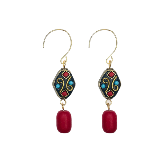 「Ama Charm」 Tibetan Lucky Bead Red Agate Earrings
