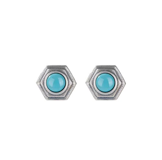 「Sky Seed」Hexagon Sterling Silver Inlaid Turquoise Earrings