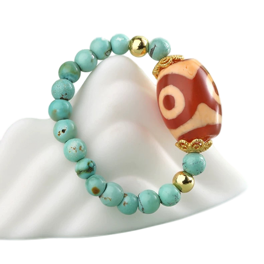 Three-eyed dzi turquoise single-ring ring