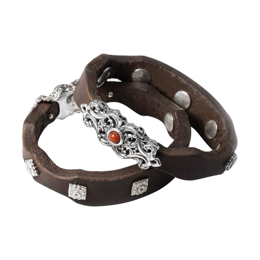 Leather & Gemstone Bracelet with Mongolian Silver Clasp