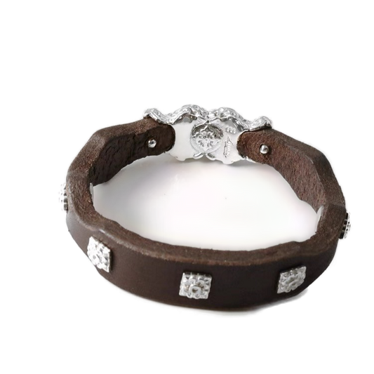 Leather & Gemstone Bracelet with Mongolian Silver Clasp