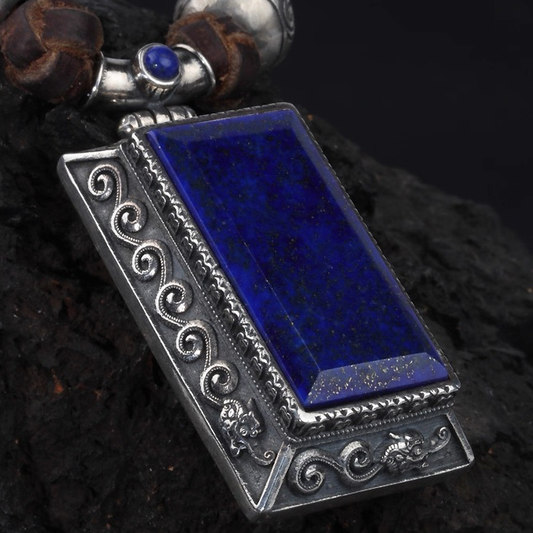 Mongolian lapis lazuli dragon pattern sterling silver necklace