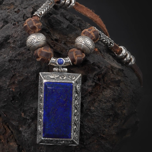 Mongolian lapis lazuli dragon pattern sterling silver necklace
