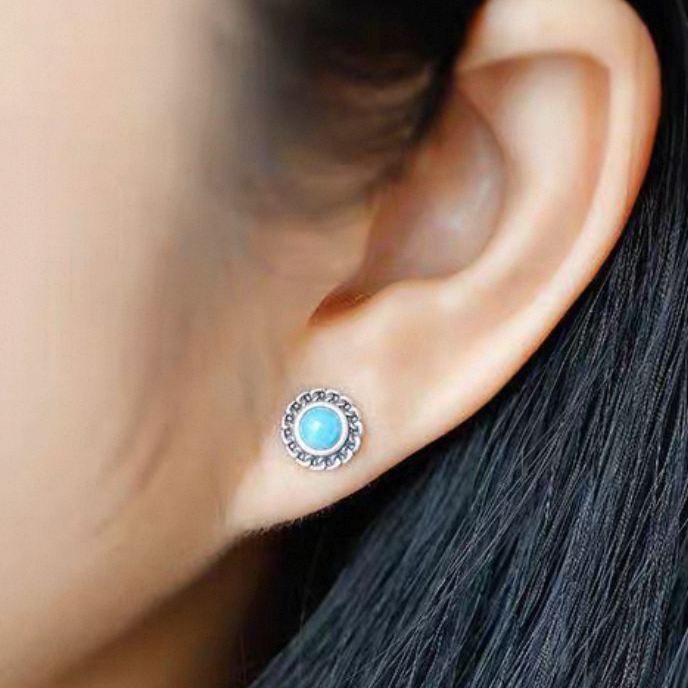 「Sky Seed」Chain Stripe Sterling Silver Inlaid Turquoise Earrings