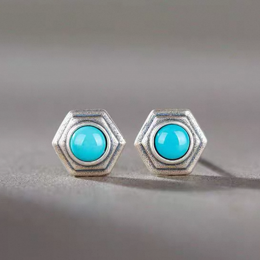 「Sky Seed」Hexagon Sterling Silver Inlaid Turquoise Earrings