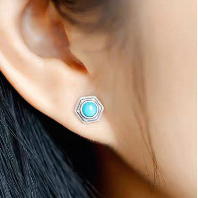 「Sky Seed」Hexagon Sterling Silver Inlaid Turquoise Earrings