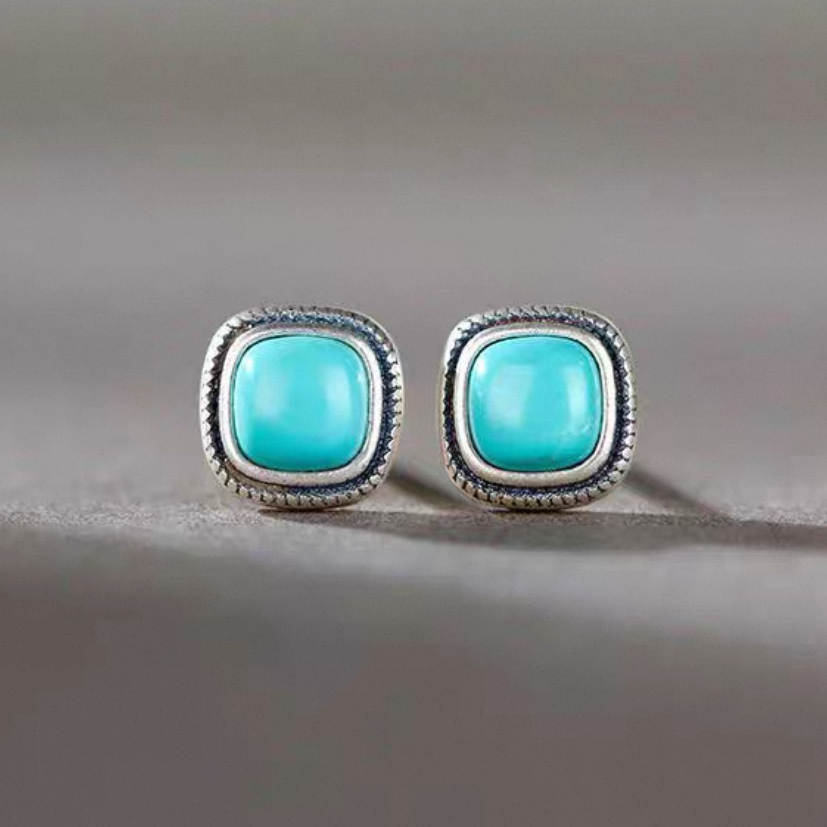 「Sky Seed」Square Sterling Silver Inlaid Turquoise Earrings