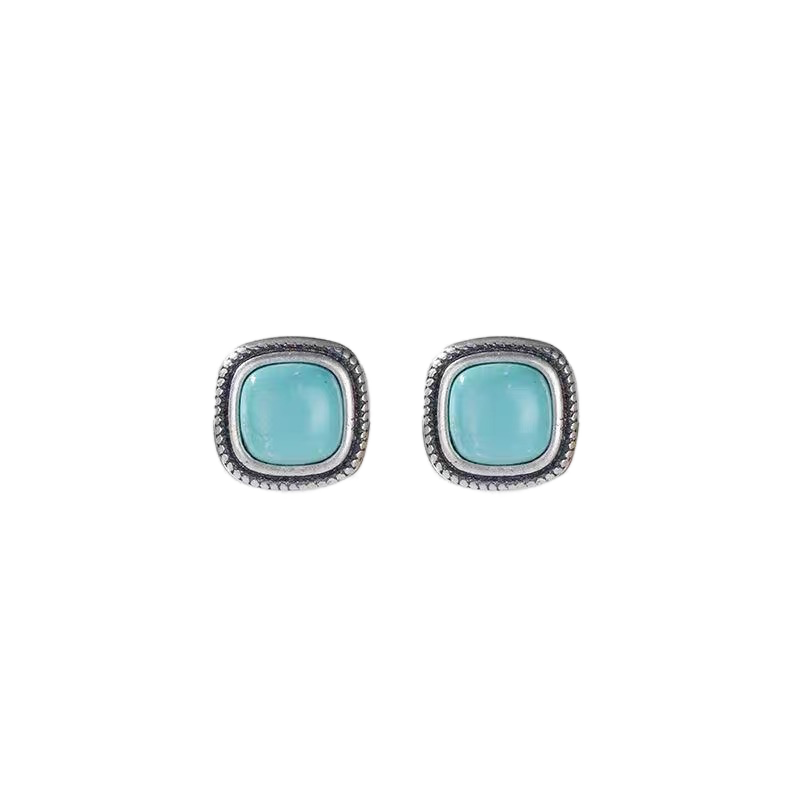 「Sky Seed」Square Sterling Silver Inlaid Turquoise Earrings