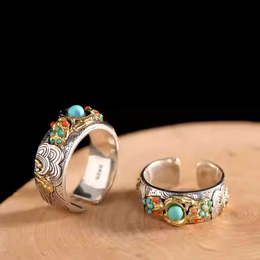 Mongolian beads set with sterling silver rings