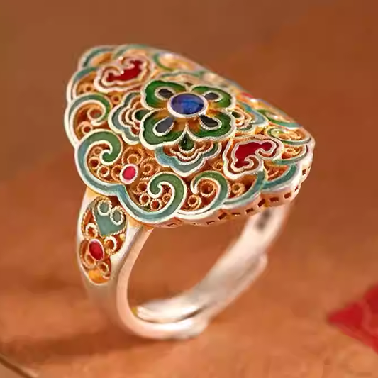 Mongolian jewel flower painted sterling silver ring
