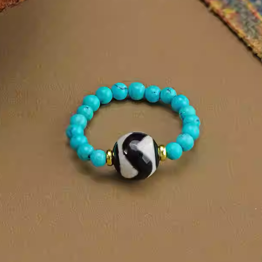 Black and white Dzi turquoise single-ring ring