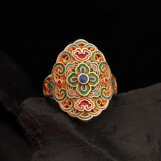 Mongolian jewel flower painted sterling silver ring