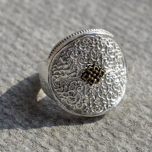 Mongolian group flower silver coin shape sterling silver ring