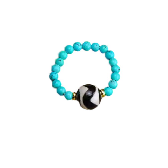 Black and white Dzi turquoise single-ring ring