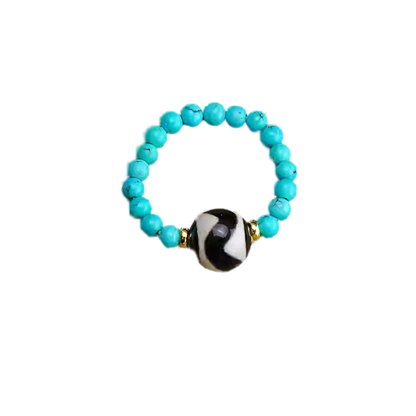Black and white Dzi turquoise single-ring ring