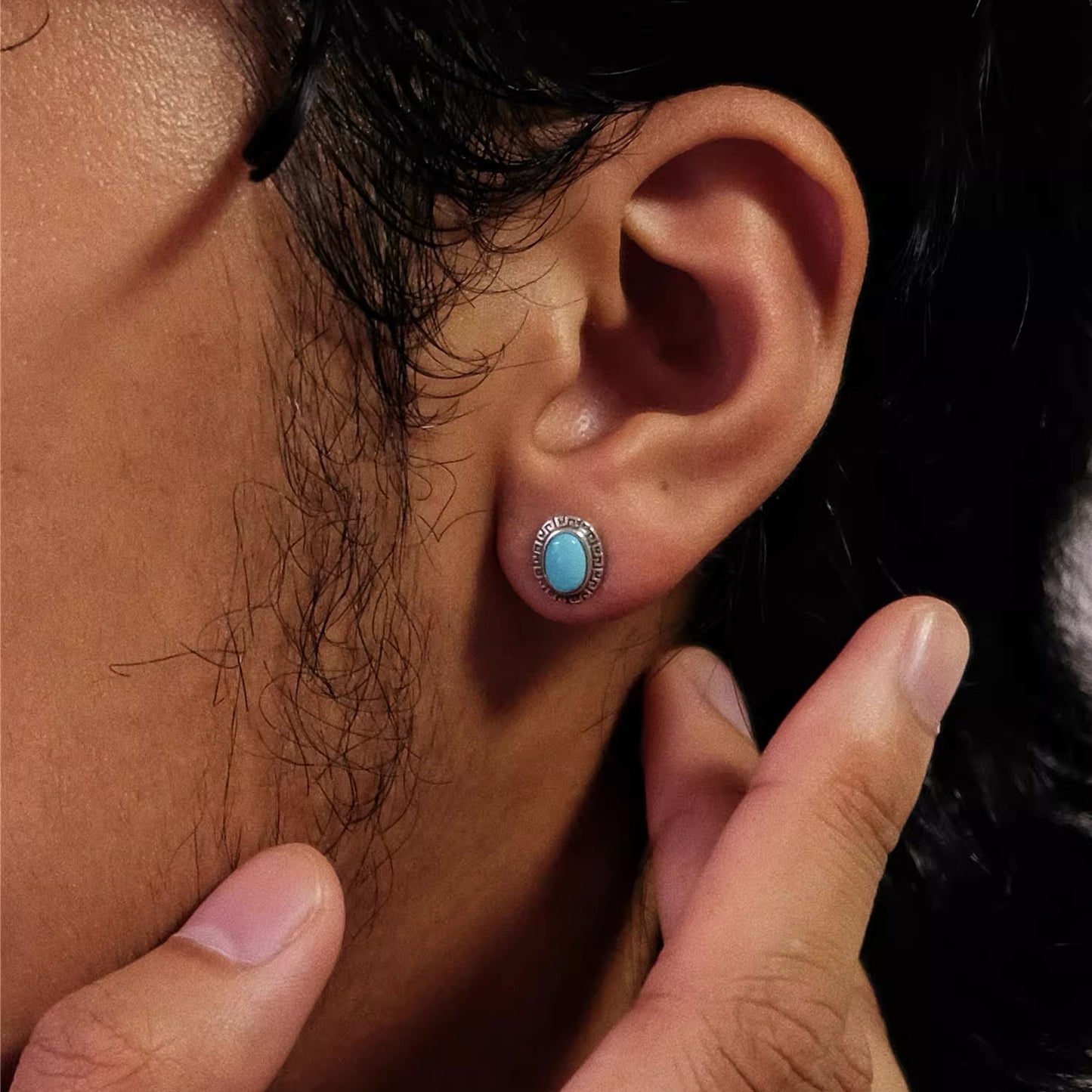 「Sky Seed」ellipse Pattern Silver Earrings Inlaid with Turquoise