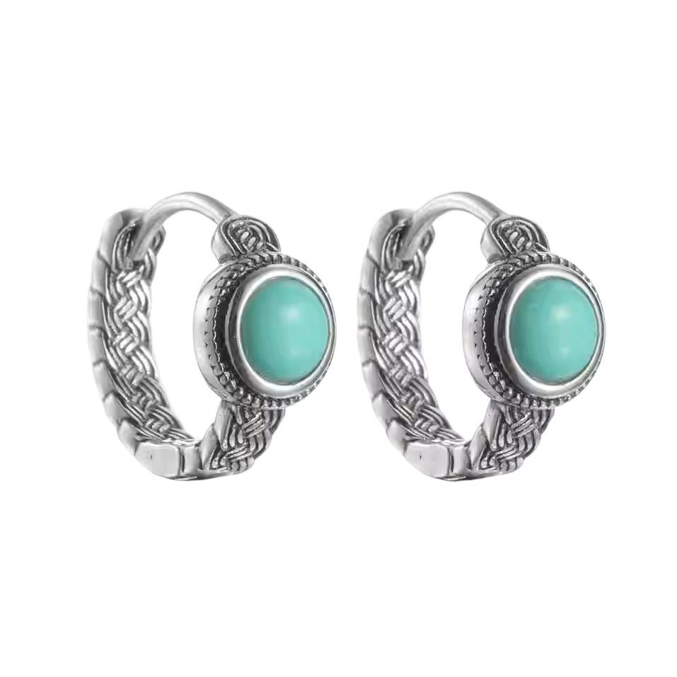 「Sky Seed」Woven Pattern Silver Earrings Inlaid with Turquoise