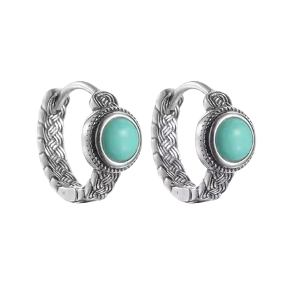 「Sky Seed」Woven Pattern Silver Earrings Inlaid with Turquoise