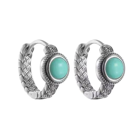 「Sky Seed」Woven Pattern Silver Earrings Inlaid with Turquoise