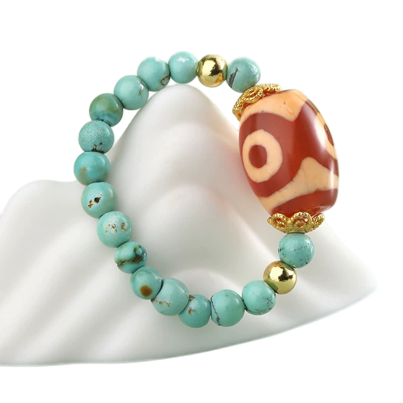 Three-eyed dzi turquoise single-ring ring