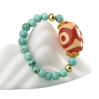 Three-eyed dzi turquoise single-ring ring