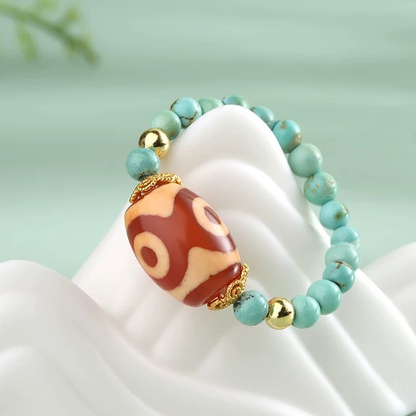 Three-eyed dzi turquoise single-ring ring
