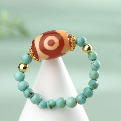 Three-eyed dzi turquoise single-ring ring