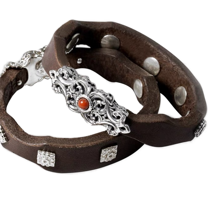 Leather & Gemstone Bracelet with Mongolian Silver Clasp