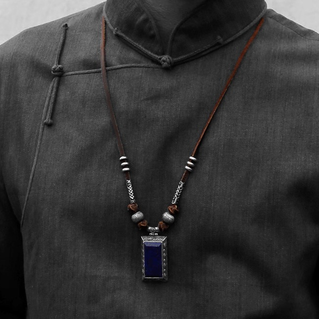 Mongolian lapis lazuli dragon pattern sterling silver necklace