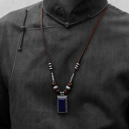 Mongolian lapis lazuli dragon pattern sterling silver necklace