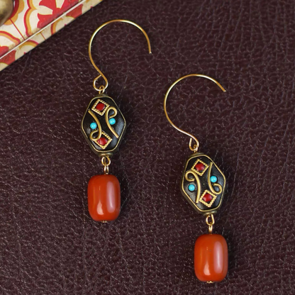 「Ama Charm」 Tibetan Lucky Bead Red Agate Earrings