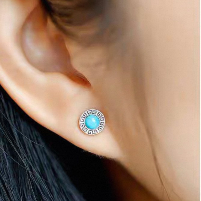 「Sky Seed」Chevron Pattern Sterling Silver Inlaid Turquoise Earrings