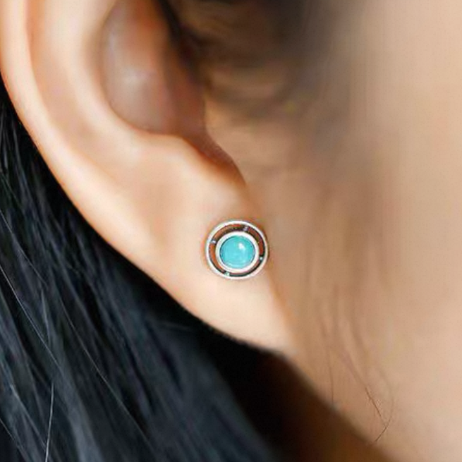 「Sky Seed」Hollow Geometry Sterling Silver Inlaid Turquoise Earrings