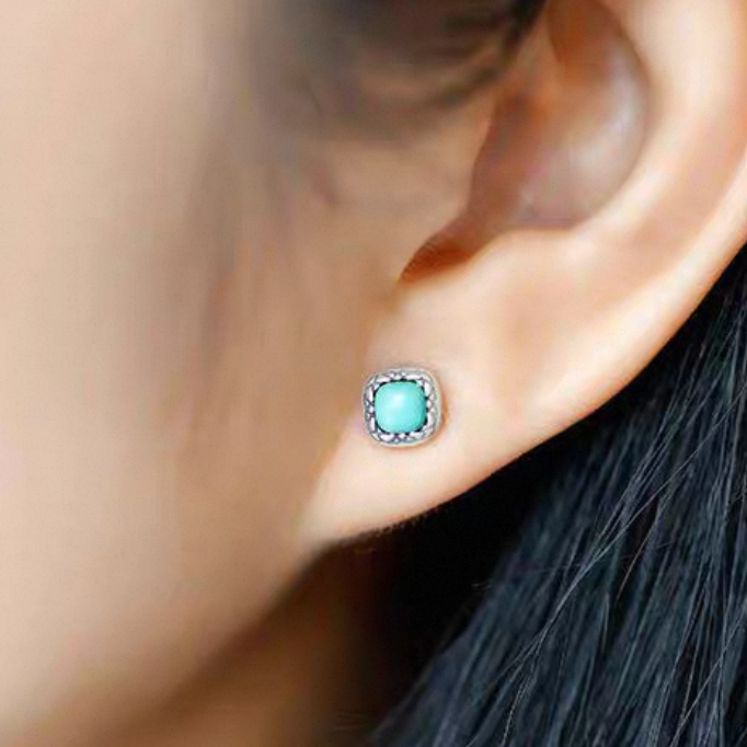 「Sky Seed」Snake Pattern square Sterling Silver Inlaid Turquoise Earrings