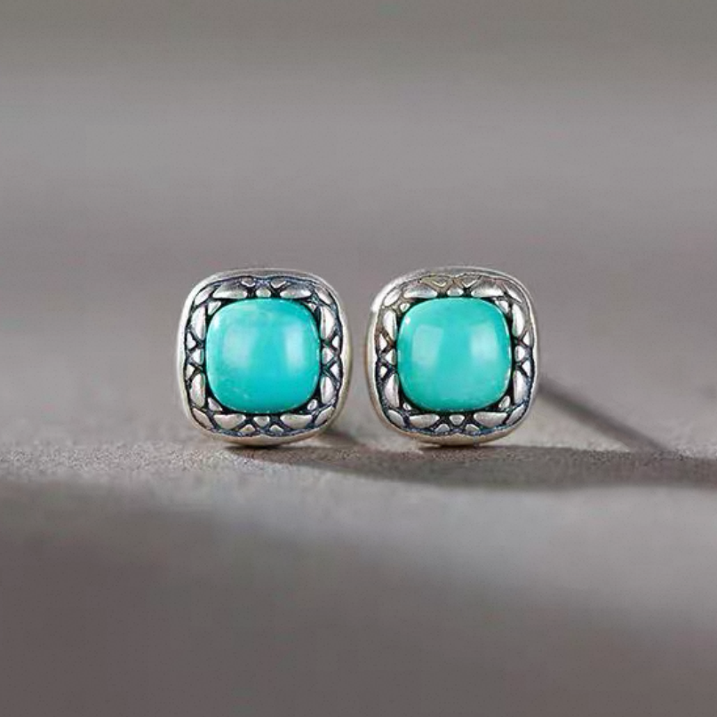 「Sky Seed」Snake Pattern square Sterling Silver Inlaid Turquoise Earrings