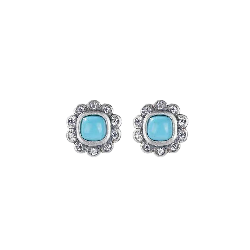 「Sky Seed」Daisy Shape Sterling Silver Inlaid Turquoise Earrings