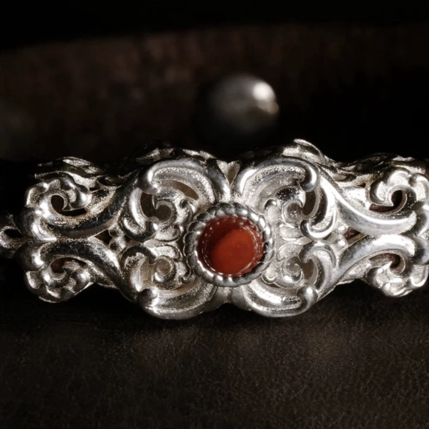 Leather & Gemstone Bracelet with Mongolian Silver Clasp