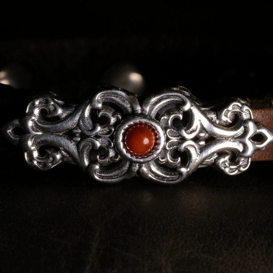 Leather & Gemstone Bracelet with Mongolian Silver Clasp