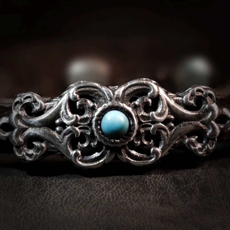 Leather & Gemstone Bracelet with Mongolian Silver Clasp