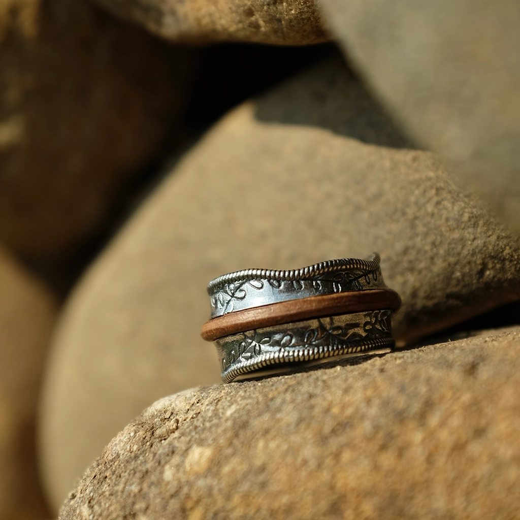 Mongolian sterling silver set cowhide ring