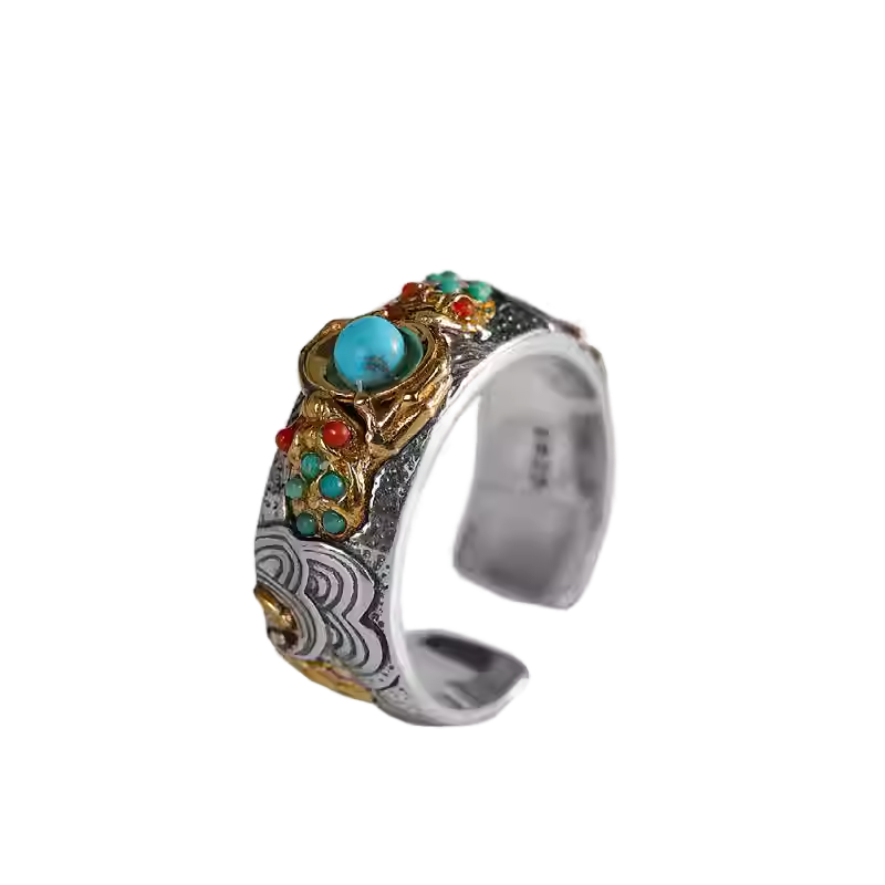 Mongolian beads set with sterling silver rings