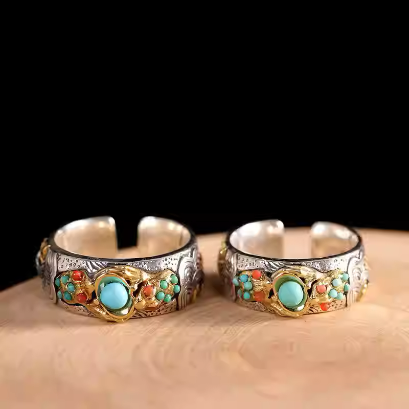 Mongolian beads set with sterling silver rings