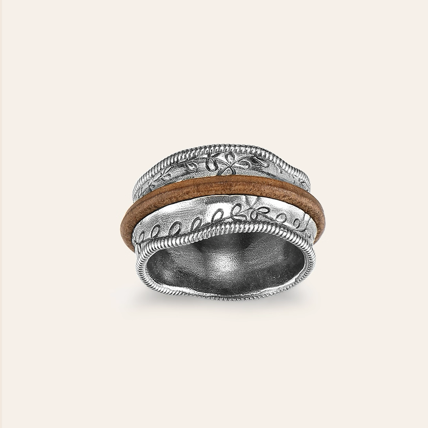 Mongolian sterling silver set cowhide ring
