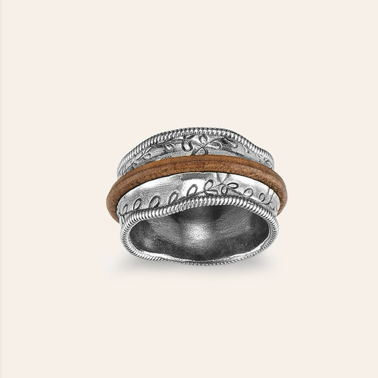 Mongolian sterling silver set cowhide ring