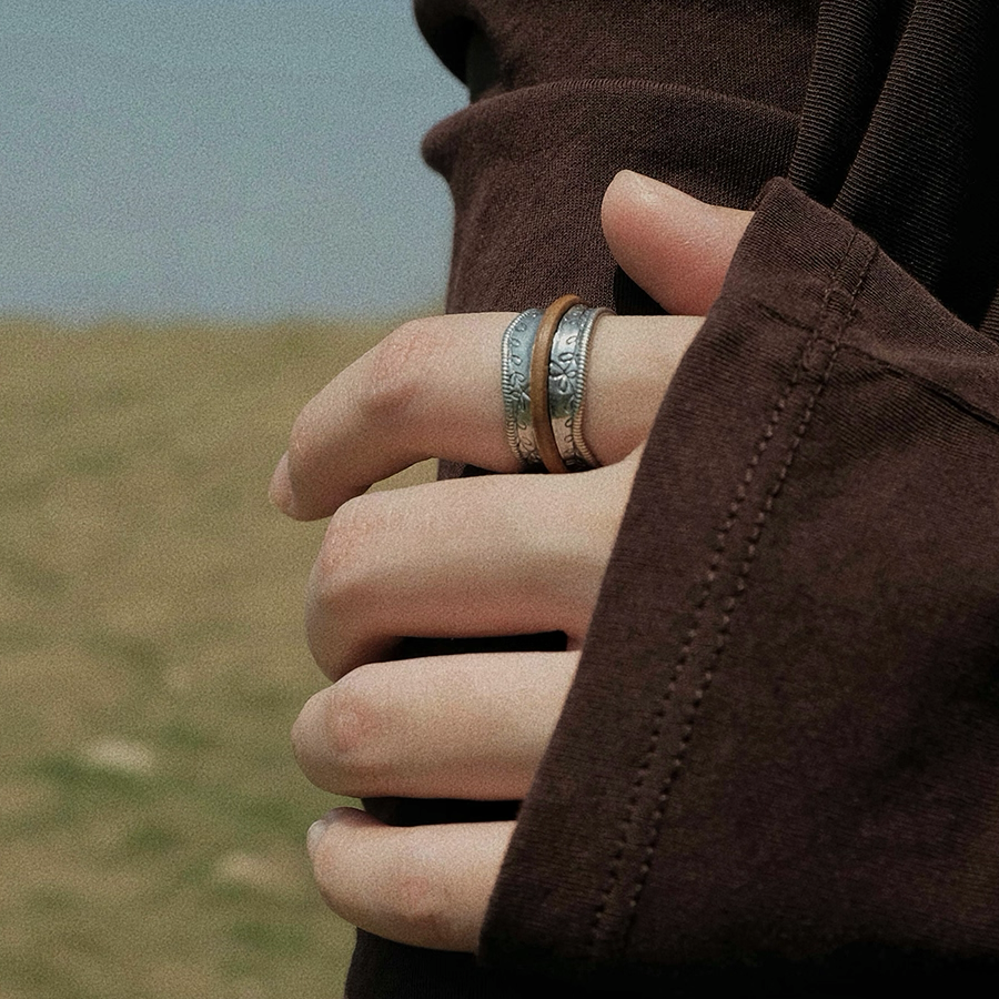 Mongolian sterling silver set cowhide ring