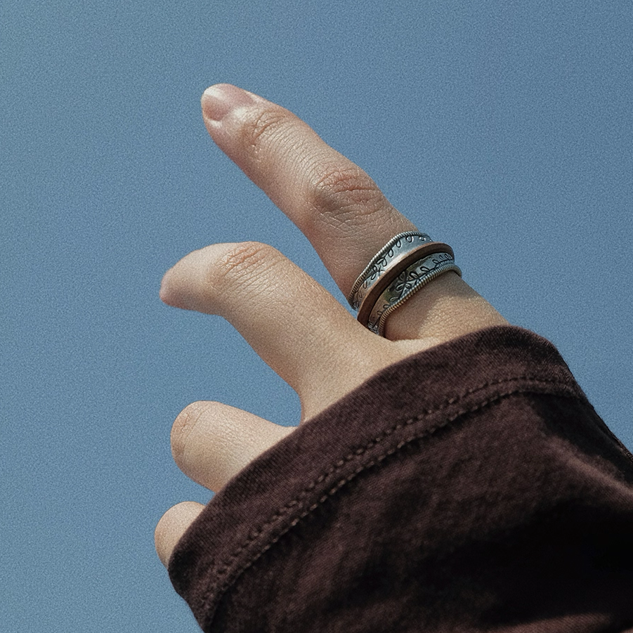 Mongolian sterling silver set cowhide ring