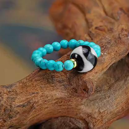 Black and white Dzi turquoise single-ring ring