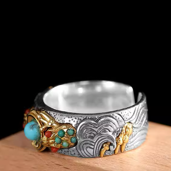 Mongolian beads set with sterling silver rings