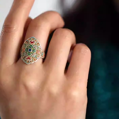 Mongolian jewel flower painted sterling silver ring